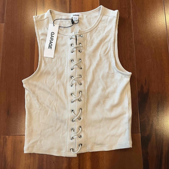 Garage Tops - New NWT GARAGE Ribbed Lace Up Muscle Tank Top Haut‎ Pebble Gray Sleeveless Sz XS
